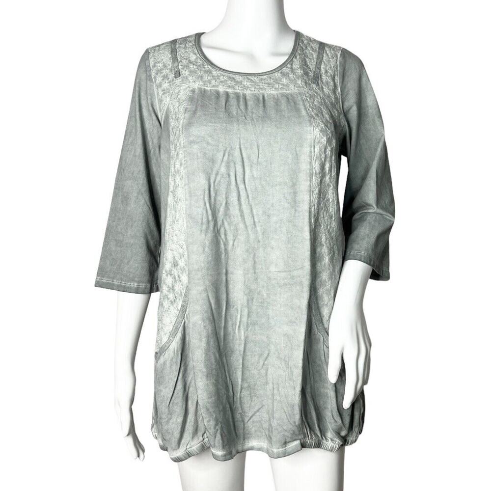 Ania A Shirt Womens Small Dusty Blue Lace Accents Pocket Lagenlook‎ Artsy Boho